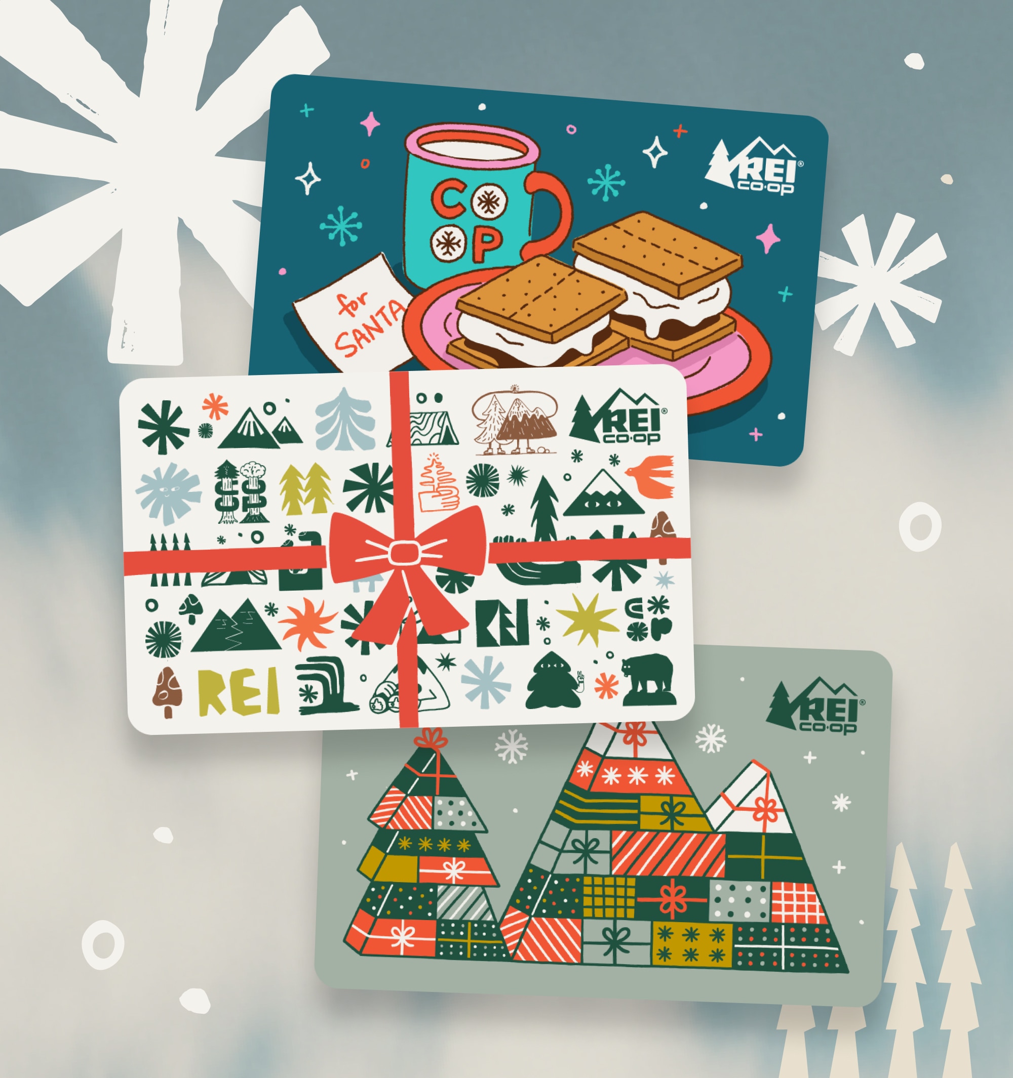Three holiday-themed gift cards with s'mores, holiday trees, and a bow.