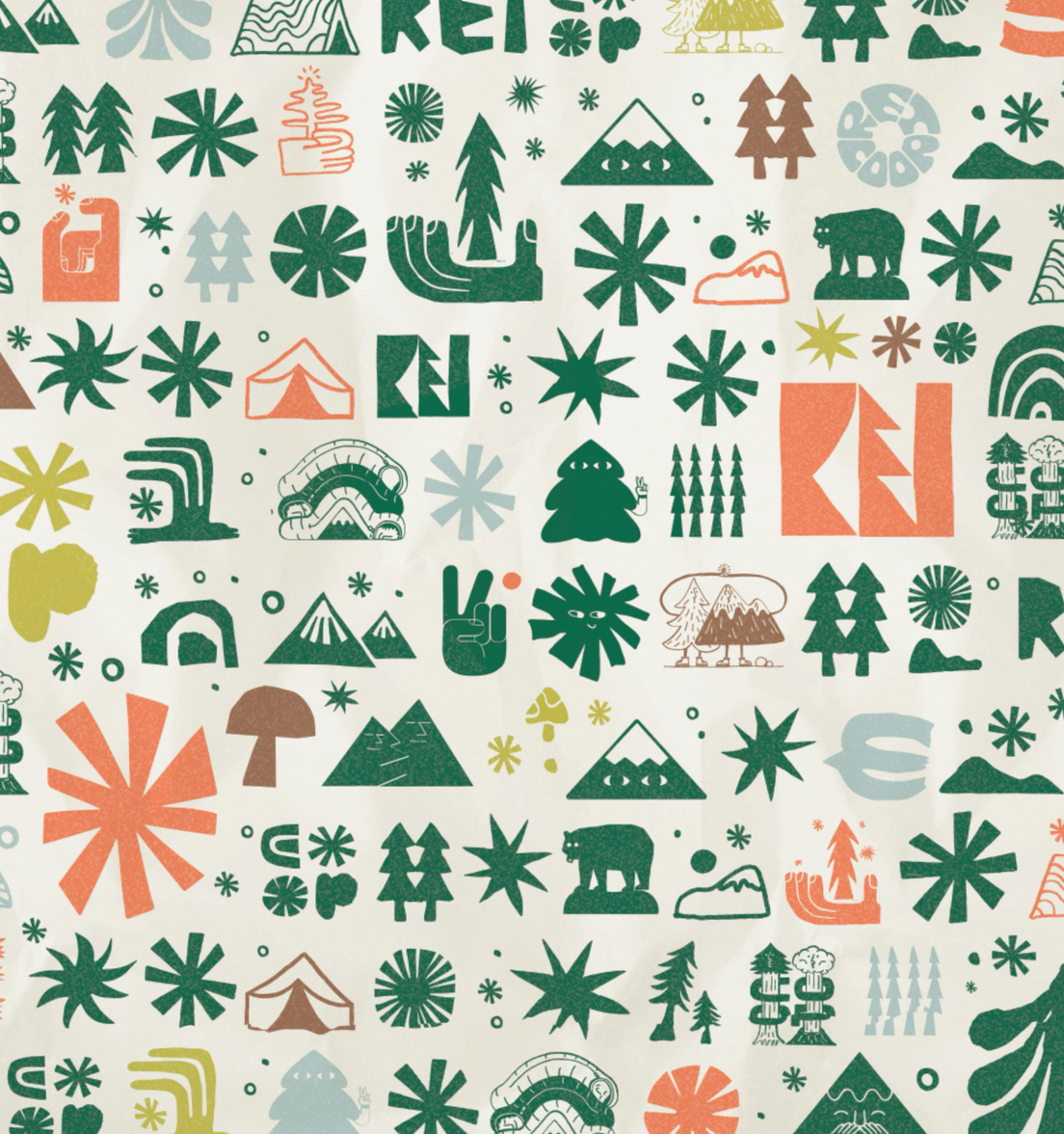 A collage of clothing, gear, & gifts. Wrapping paper with holiday motifs all over.