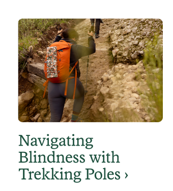 A hiker using trekking poles. Headline: Navigating Blindness with Trekking Poles