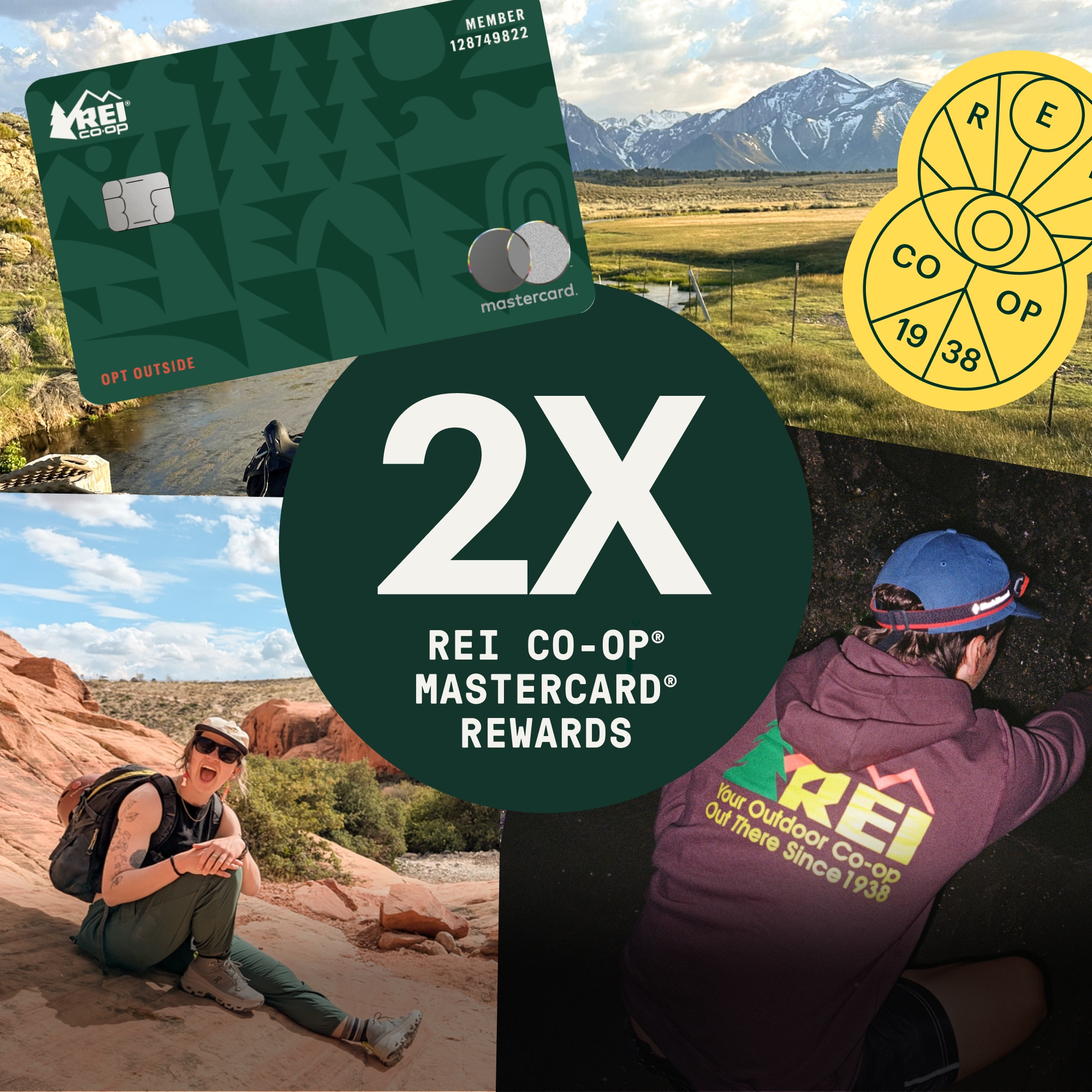 Double R E I Co-op Mastercard Rewards. A collage of members enjoying outdoor activities.