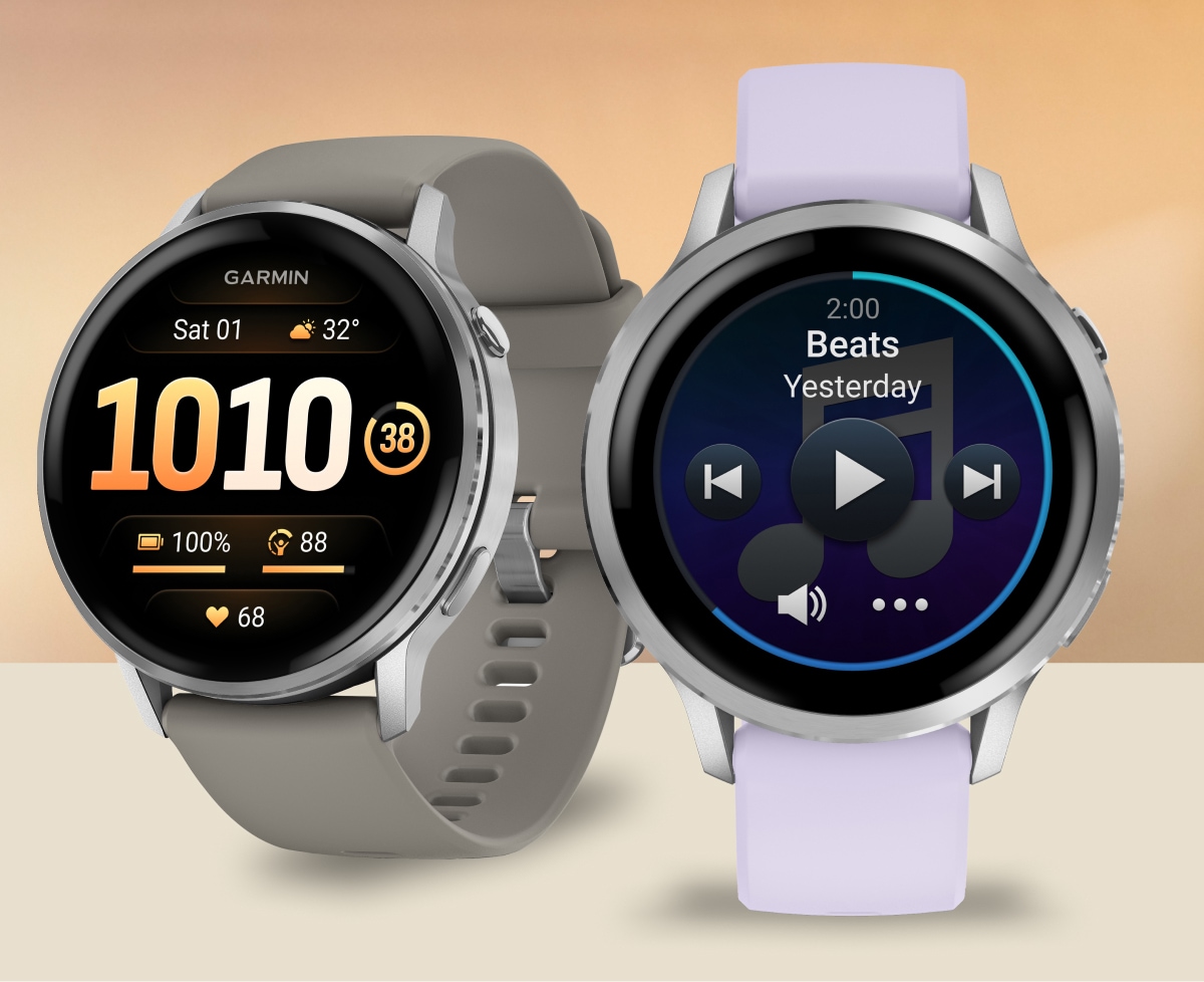 Two Garmin Venu 4 smartwatches over a light colored background.