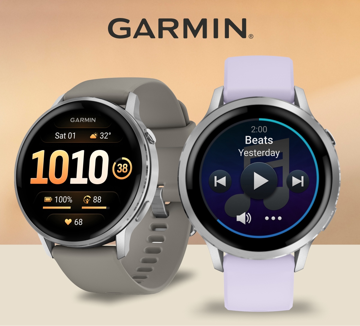 Two Garmin Venu 4 smartwatches over a light colored background.