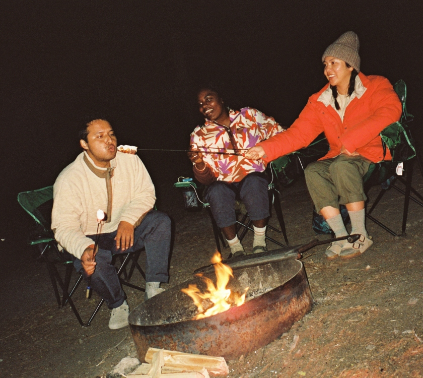 A group of people gather around a campfire to enjoy s'mores.
