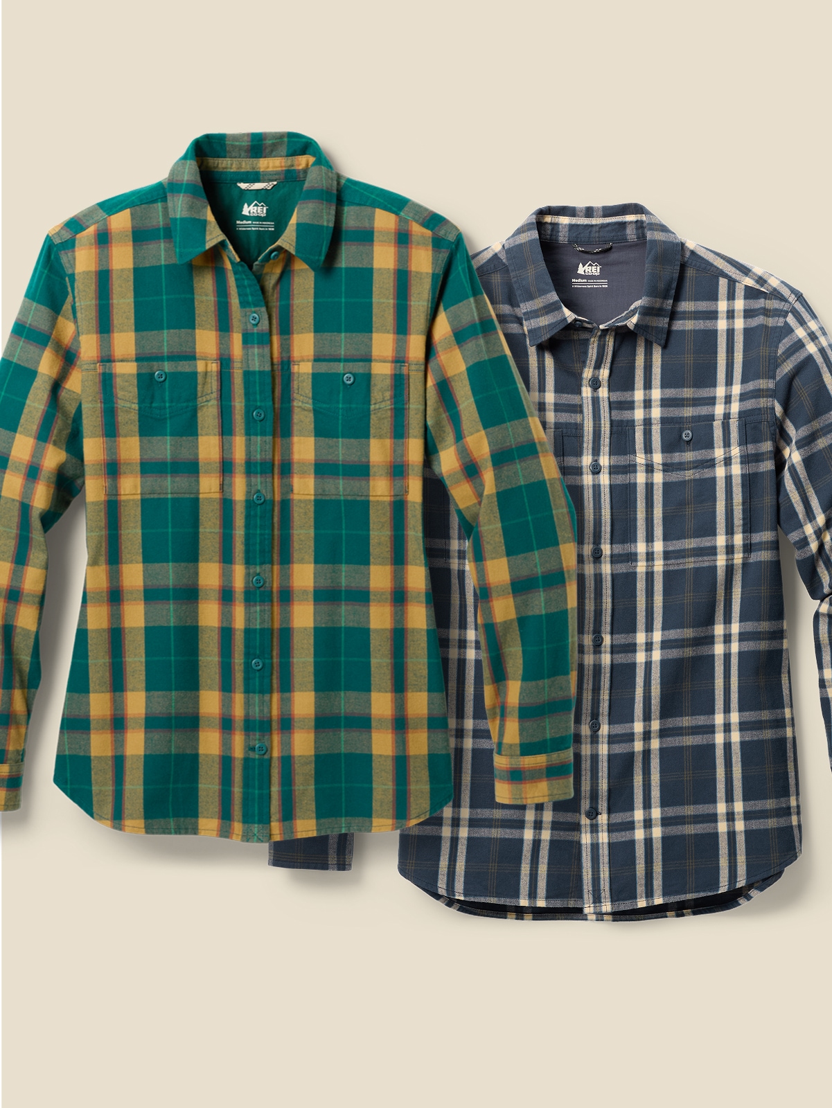 Two R E I Co-op brand flannel shirts.
