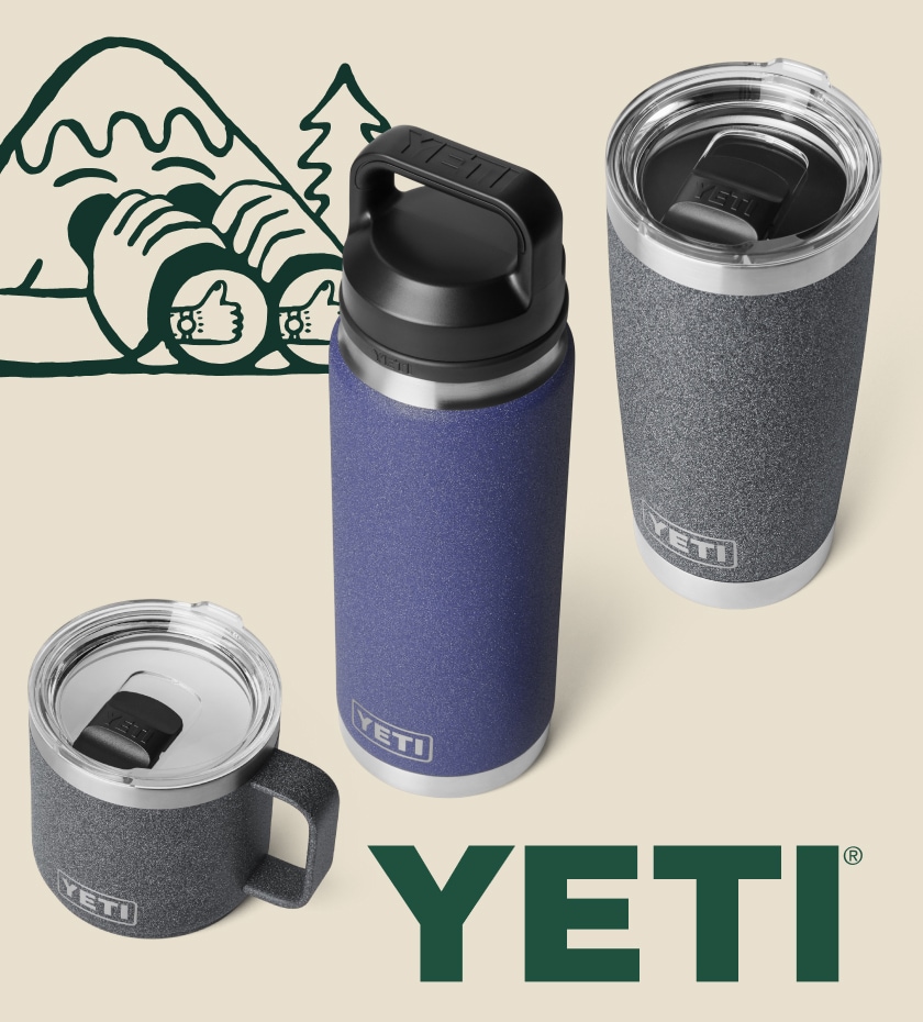 YETI drinkware in new seasonal colors, Moon Dust and Black Stone.