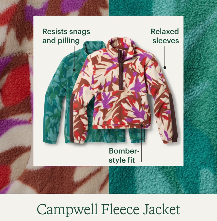 REI Co op campwell fleece. Headline: Campwell Fleece Jacket. Resists snags and pilling. Relaxed sleeves. Bomber-style fit.