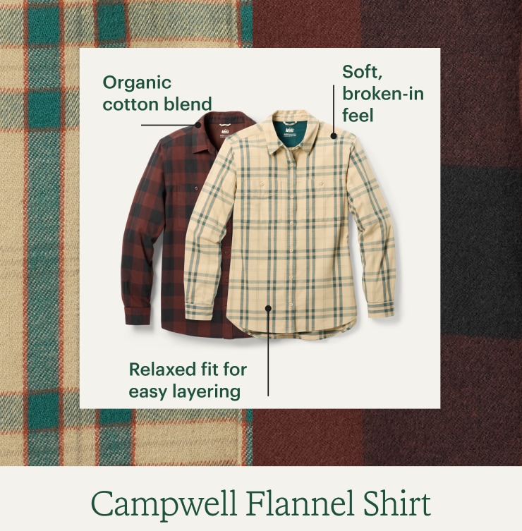 REI Co op campwell flannel. Headline: Campwell Flannel Shirt. Organic cotton blend. Soft, broken-in feel. Relaxed fit for easy layering. 