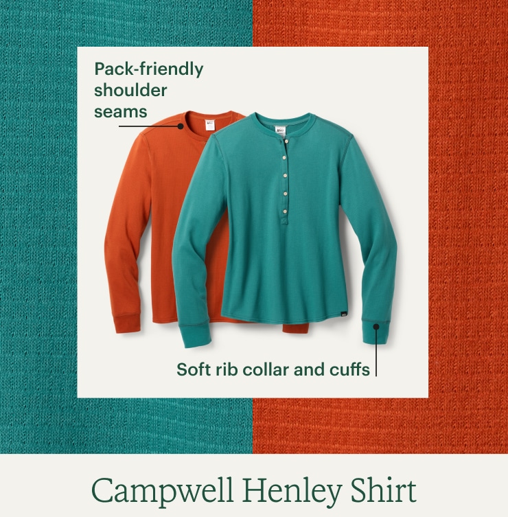 REI Co op campwell henley. Headline: Campwell Henley Shirt. Pack-friendly shoulder seams. Soft rib collar and cuffs.