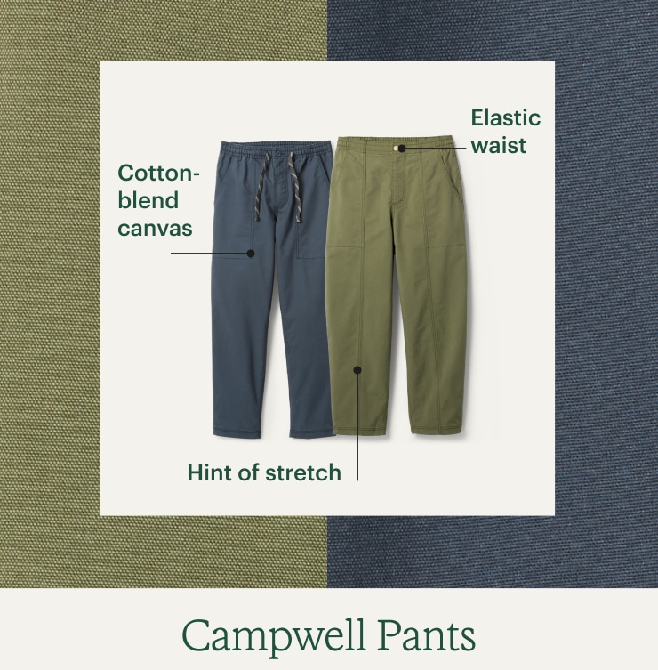 REI Co op campwell pants. Headline: Campwell Pants. Cotton-blend canvas. Elastic waist. Hint of stretch. 
