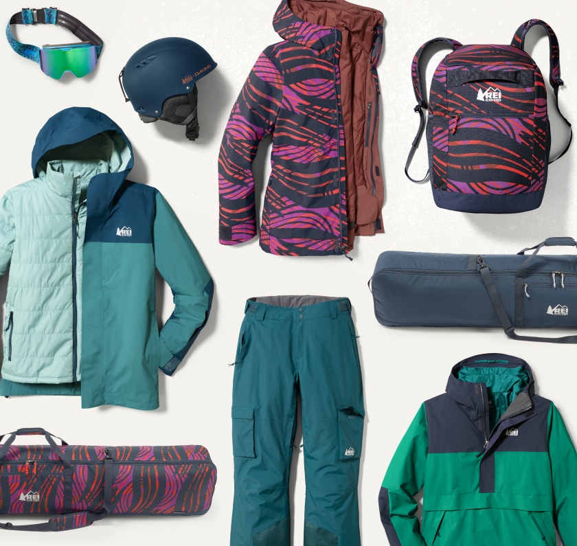 A collage of snow clothing and gear.