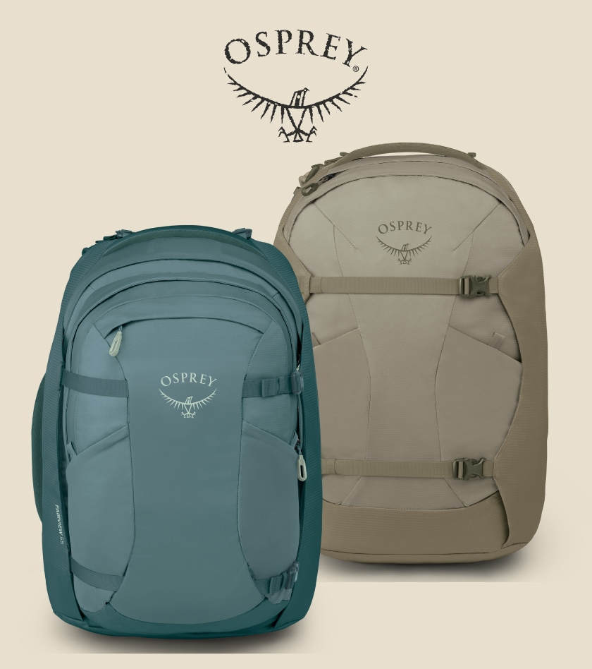 The new Farpoint and Fairview packs from Osprey on a light colored background.