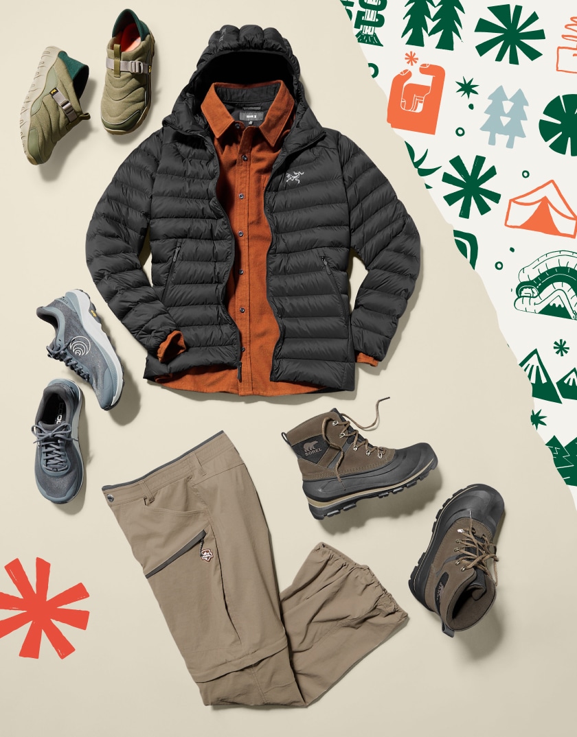 Torn wrapping paper and a collage of men’s outerwear, pants, and shoes.
