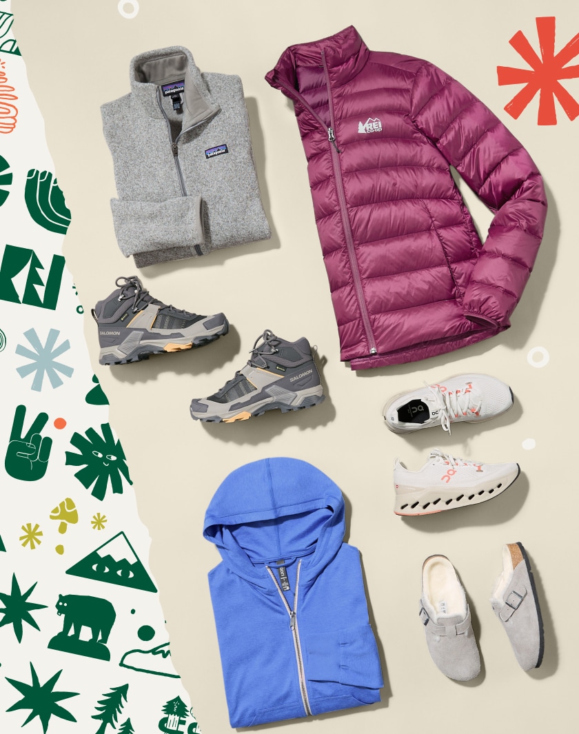 Torn wrapping paper and a collage of women’s outerwear and shoes.