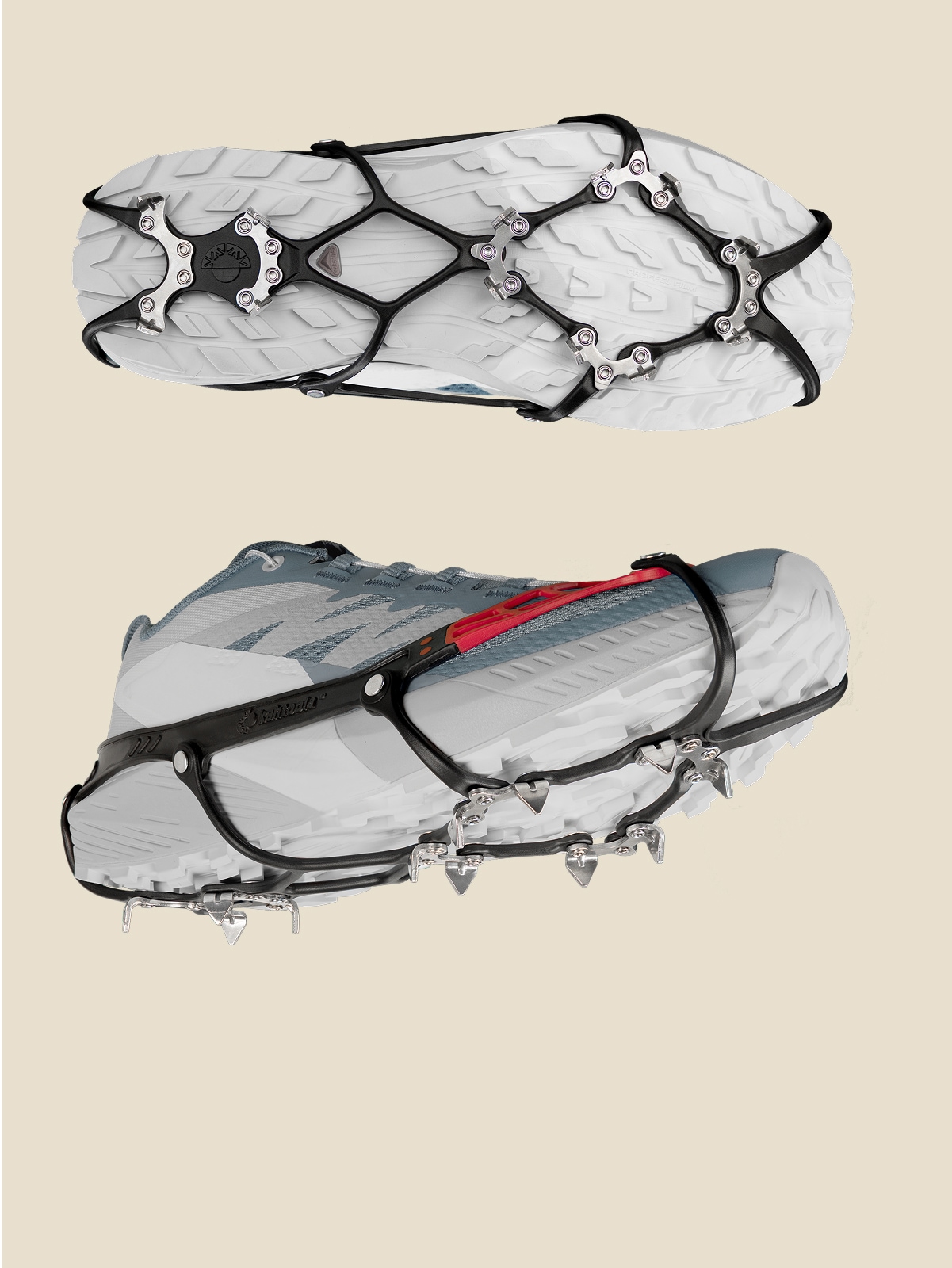 A pair of shoes with Kahtoola traction devices.