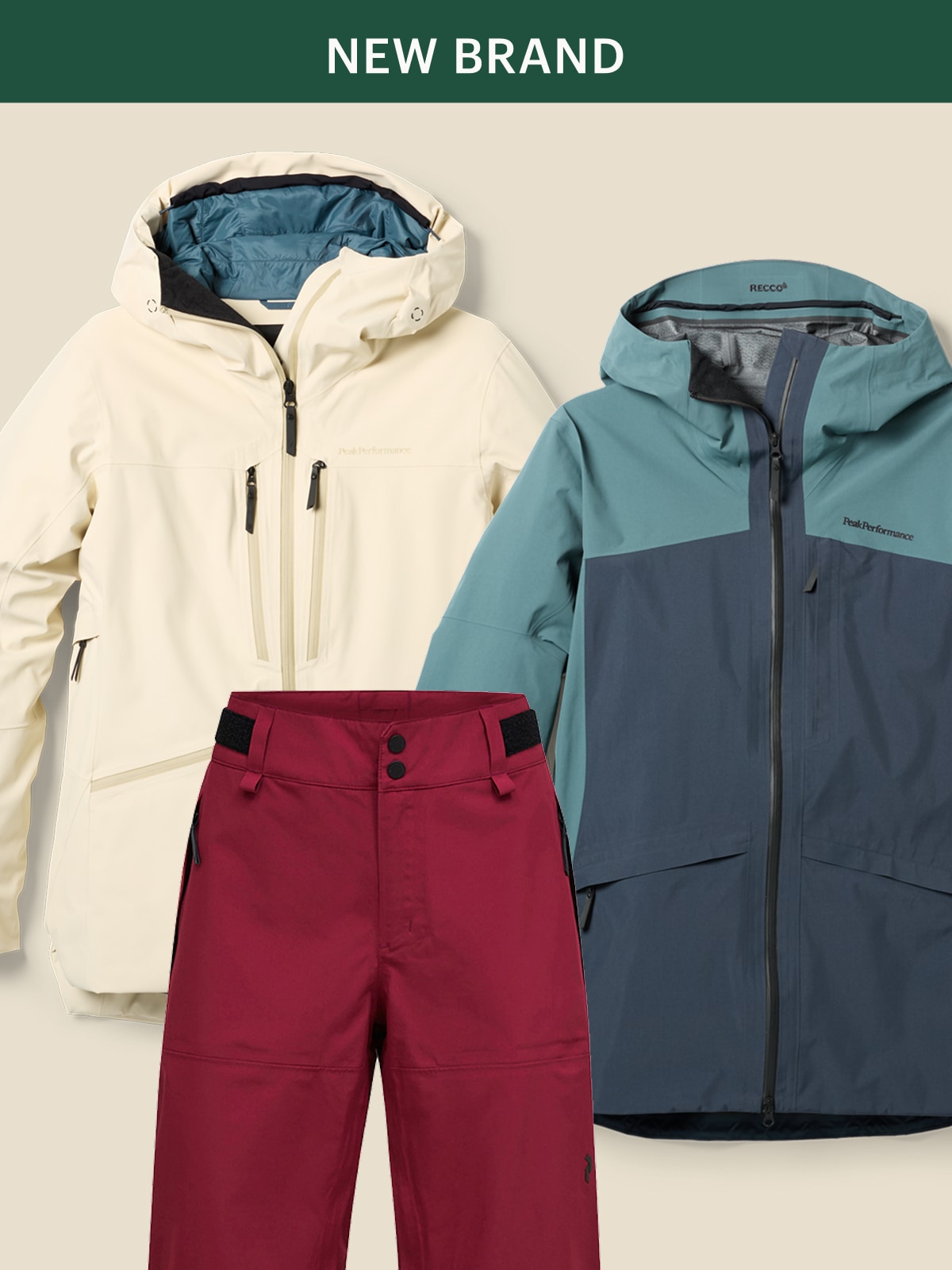 A collage of Peak Performance snow clothing.