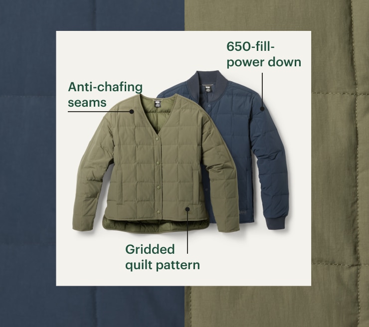 Anti-chafing seams. 650-fill-power down. Gridded quilt pattern