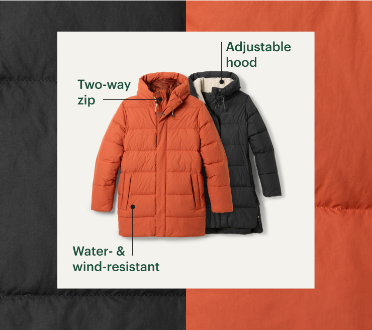 Two-way zip. Adjustable hood. Water- & wind-resistant