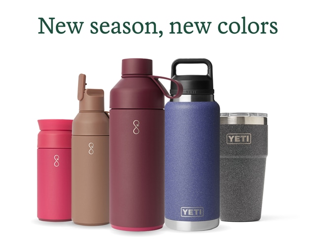 Various new colors of YETI and Ocean Bottle water bottles. Headline: New season, new colors