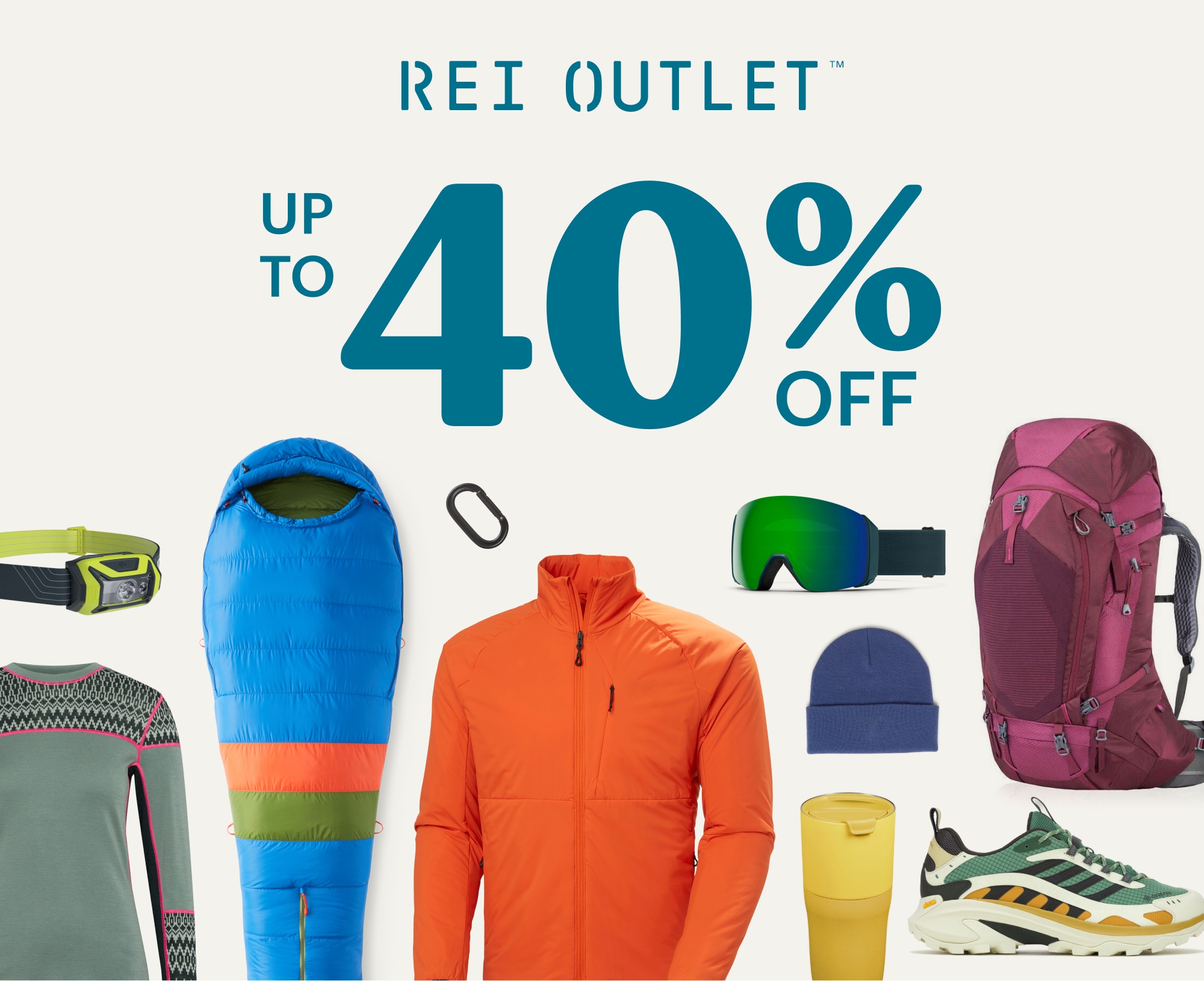 A variety of R E I Outlet gear. Text reads, R E I Outlet, up to 40% off.