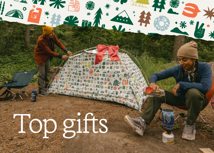 A wrapped tent in the woods. Headline: Top Gifts