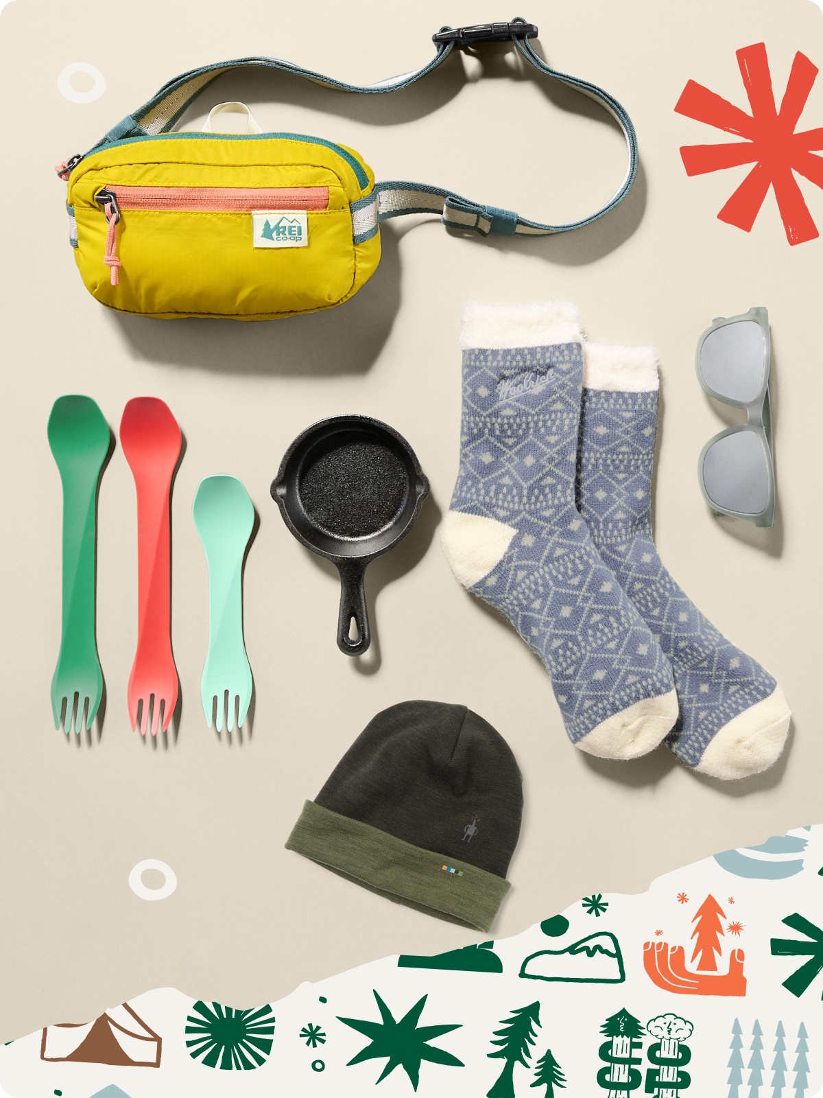 A collage of stocking stuffers on a light-colored background with holiday motifs.