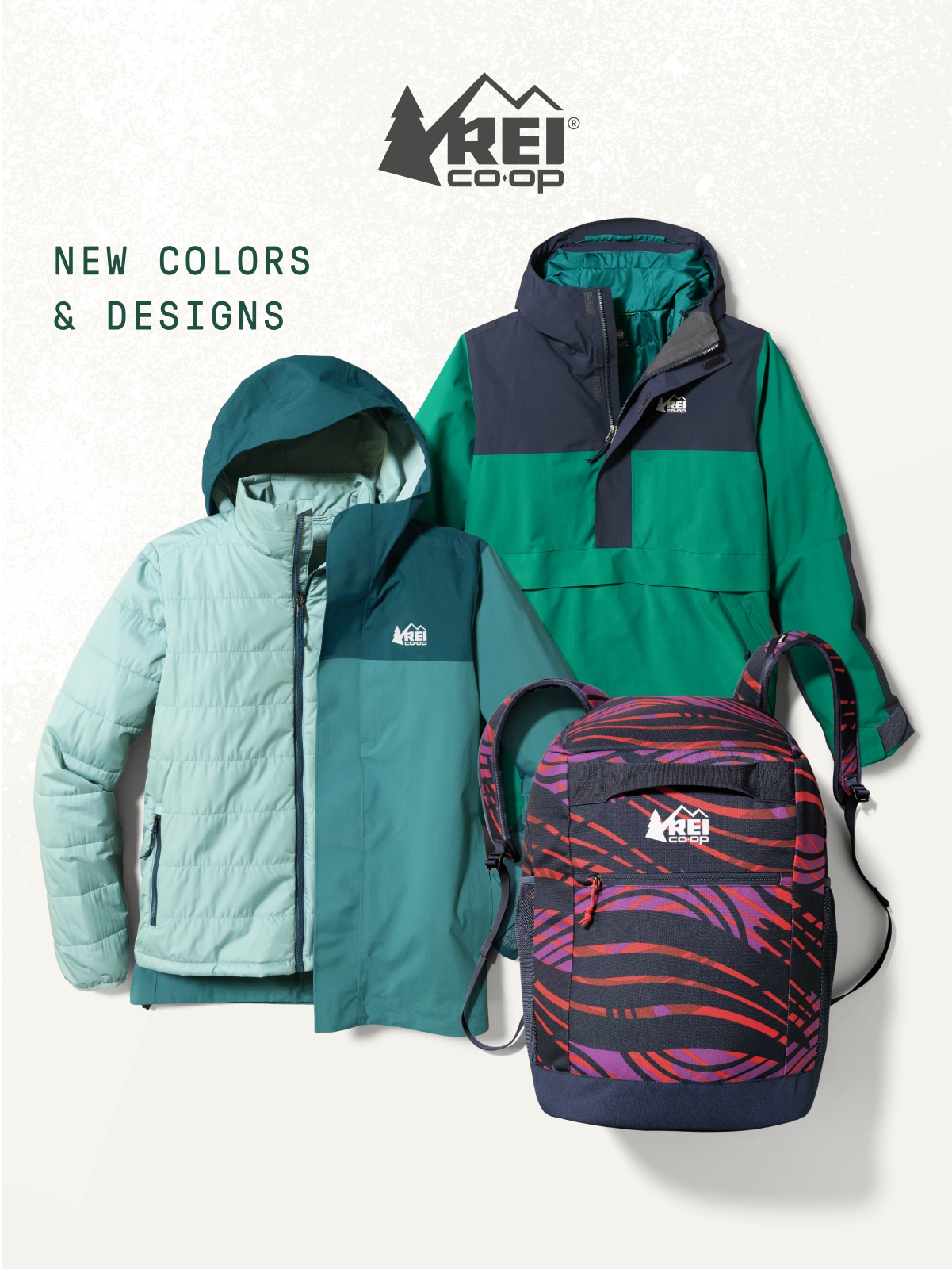 A collage of snow clothing and gear from the R E I Co-op Powderbound collection. New colors and designs.