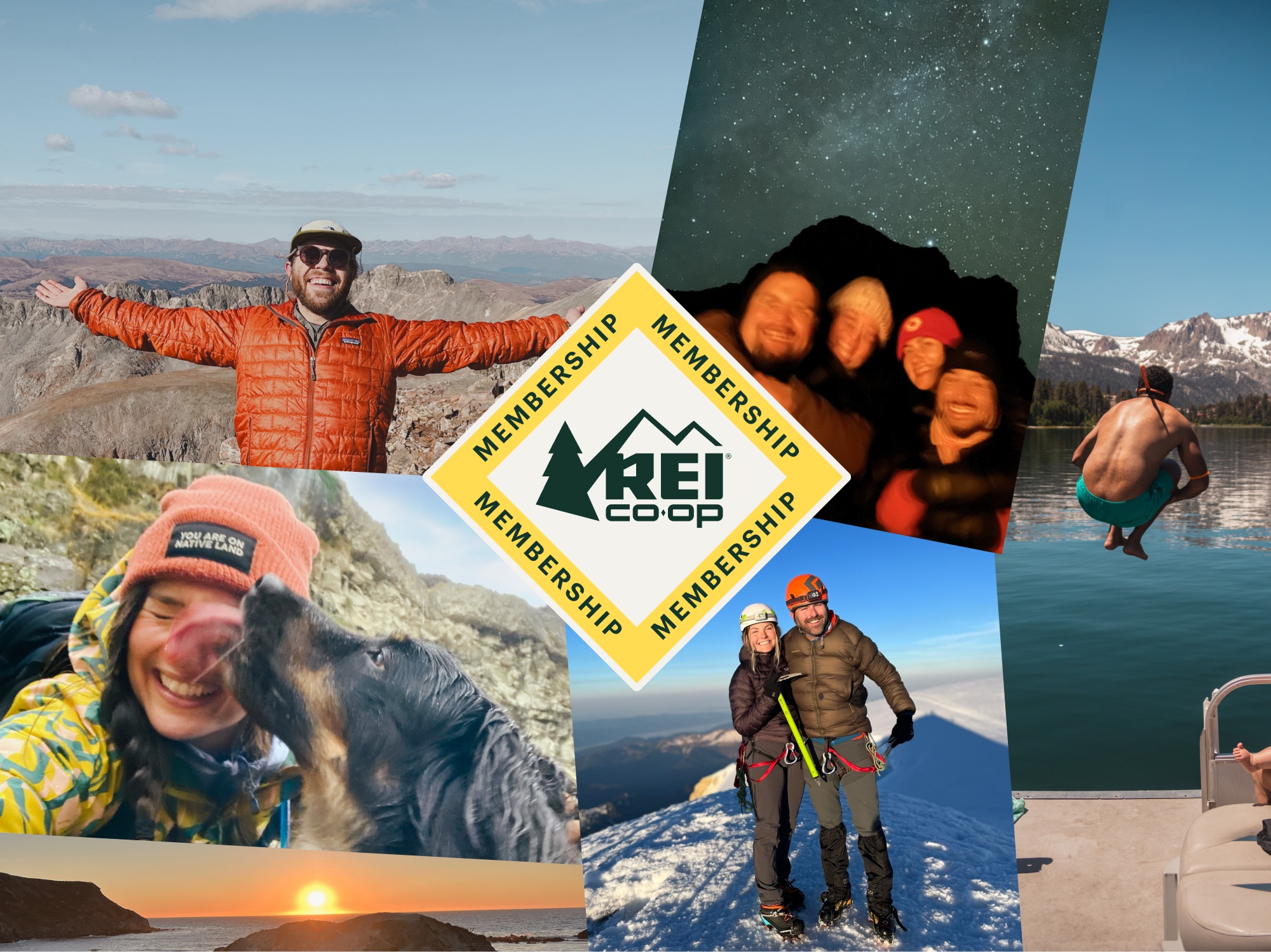 R E I Co-op membership. A collage of people enjoying the outdoors.