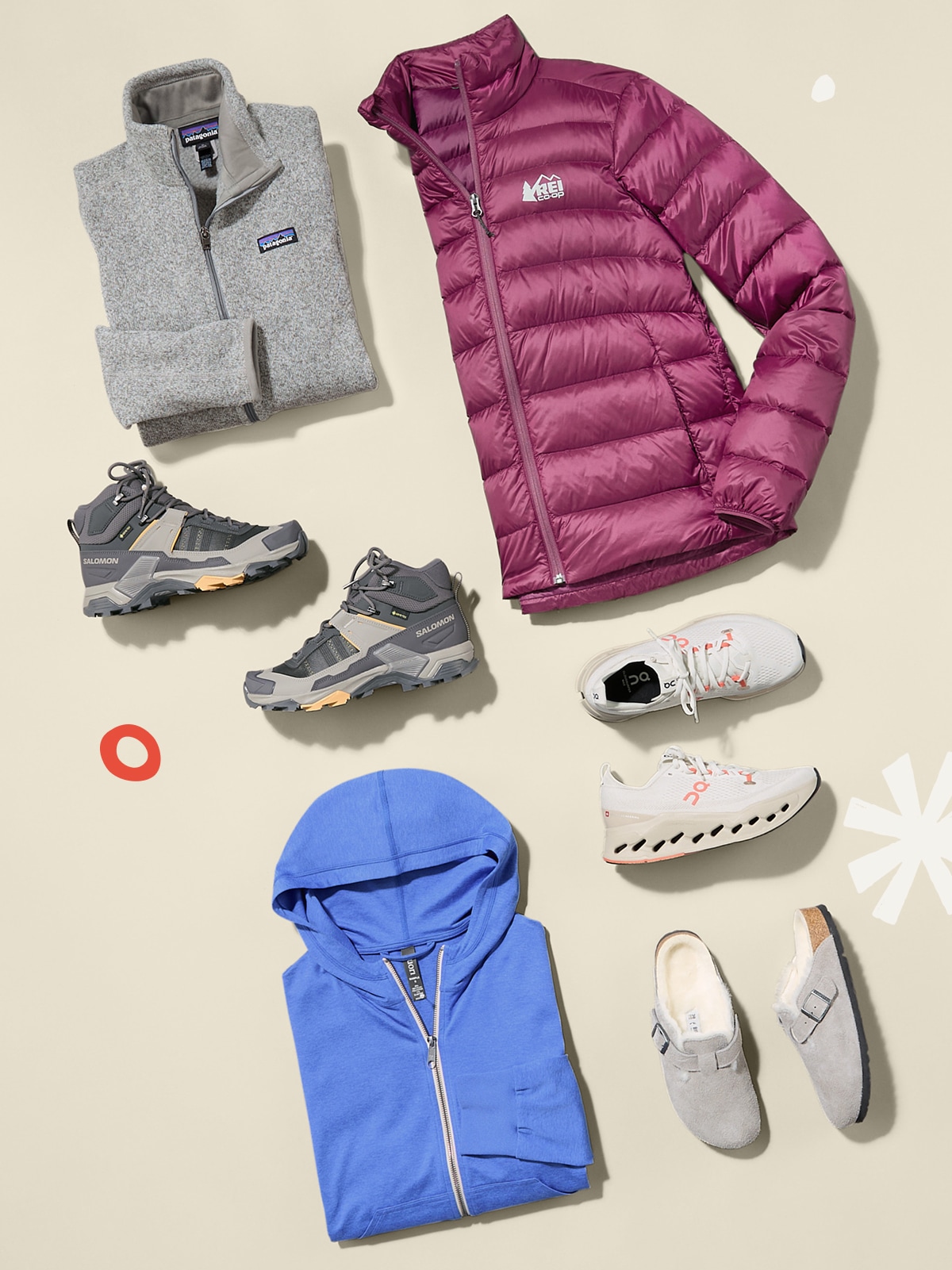 A collage of women’s clothing & footwear on a light colored background.