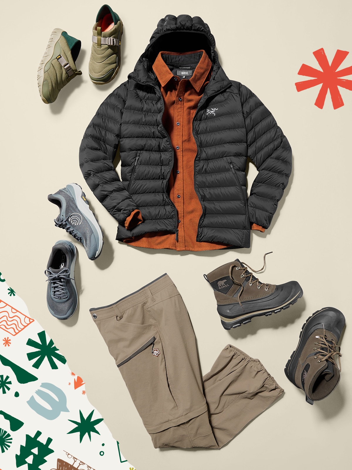 A collage of men’s clothing & footwear with holiday wrapping paper in the corner.