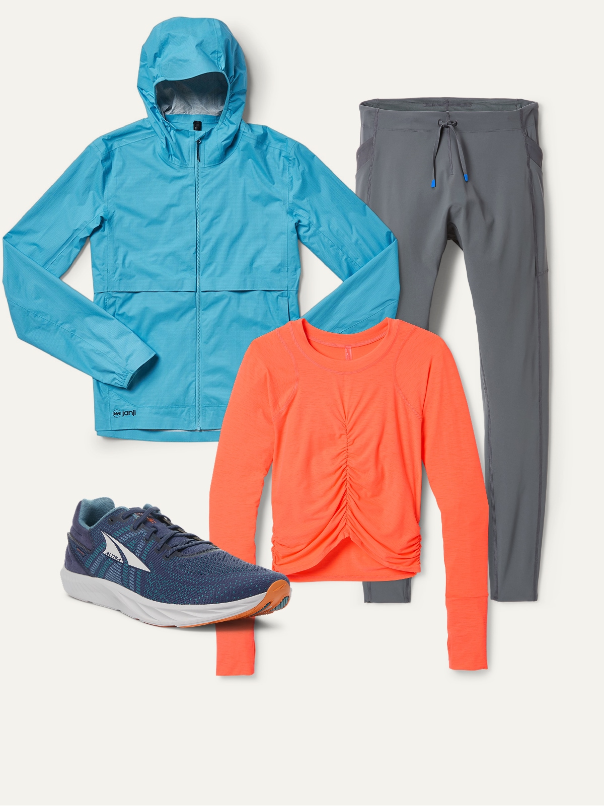 A collage of clothing and footwear for winter running on a light colored background.
