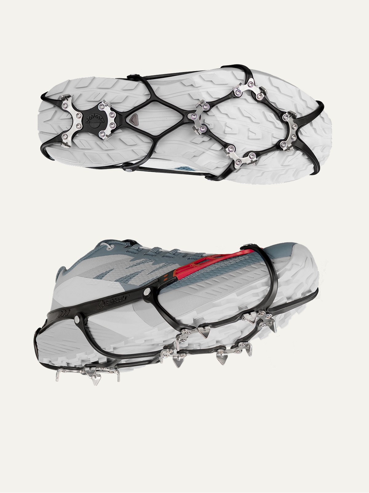 A pair of shoes with Kahtoola traction devices on a light colored background.