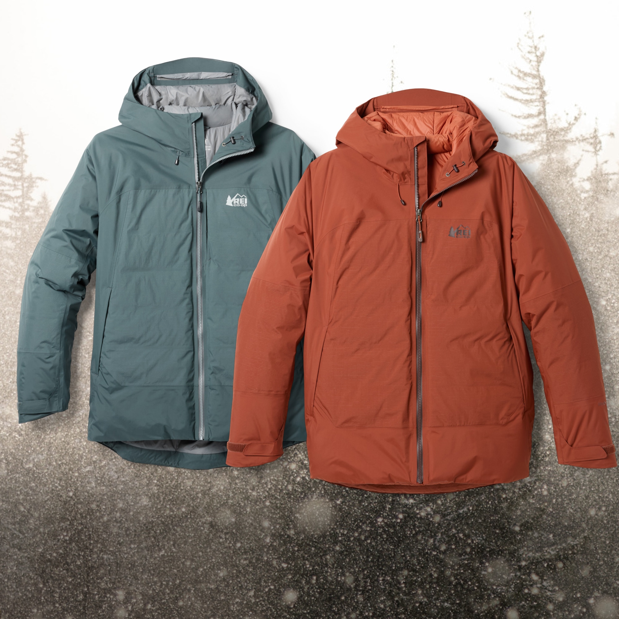 Two R E I Co-op Brand jackets over an image of a snowy forest.