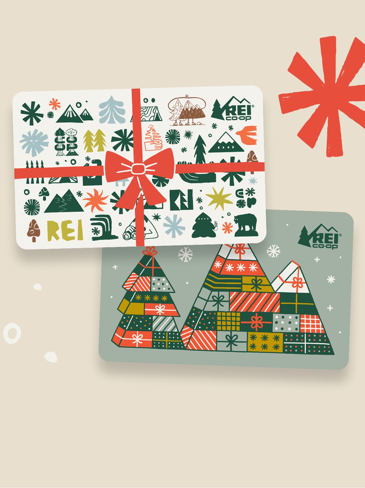 Two holiday-themed gift cards on a light colored background.