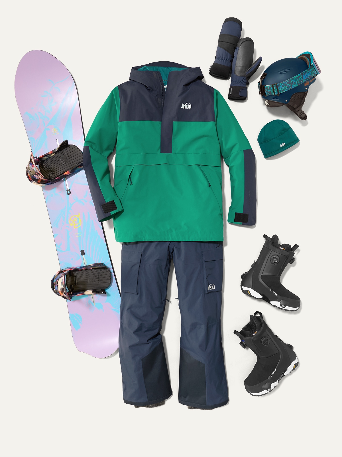 A collage of snowboarding clothing and gear on a light colored background.