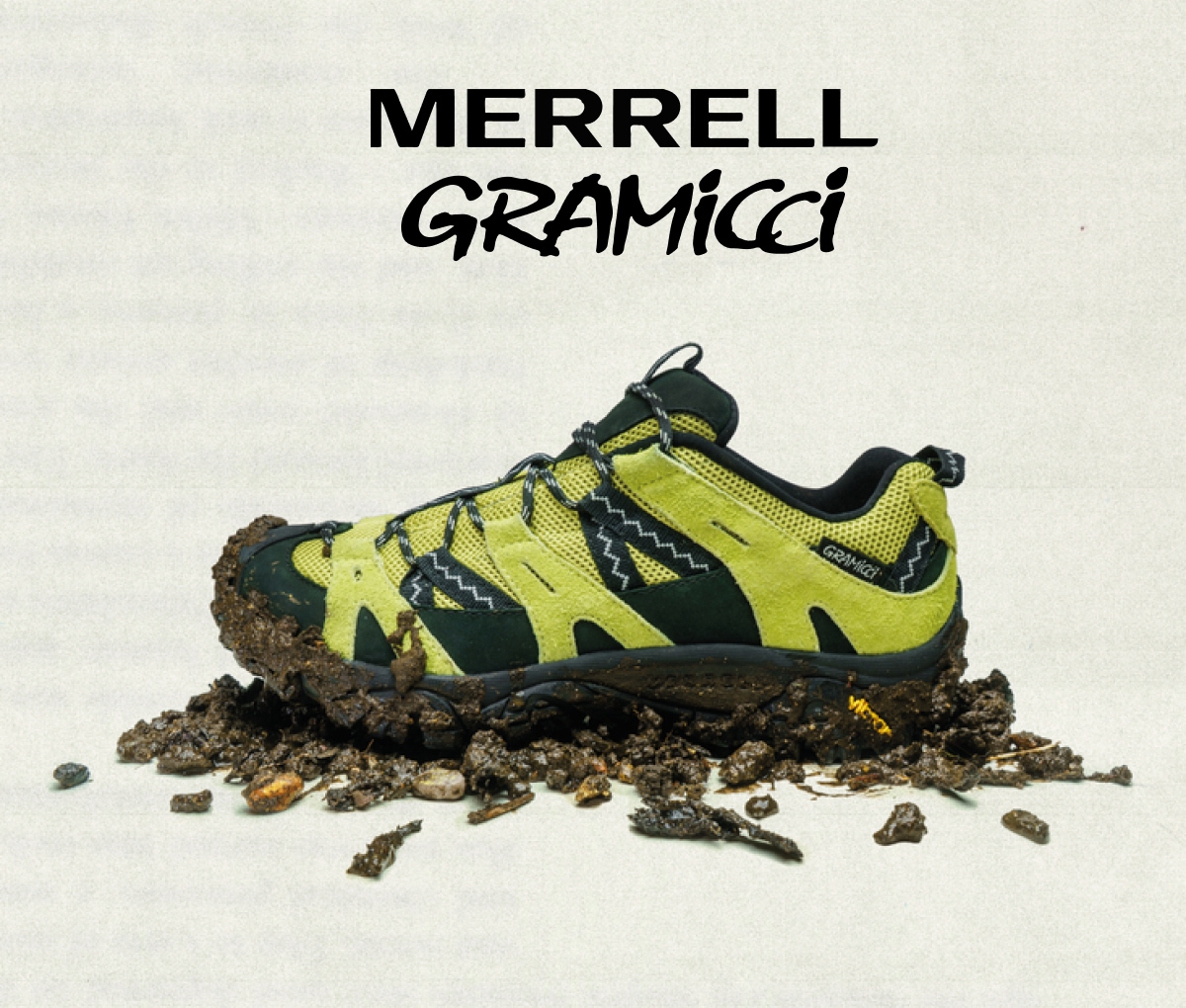 Merrell x Gramicci. A muddy Moab 2 Siren hiking shoe on a light colored background.