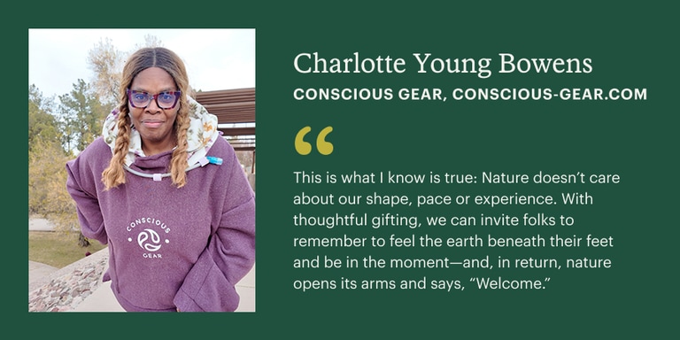 A person wearing a purple hoodie and braids smiles into the camera. To her right is her name and brand: Charlotte Young Bowens, Conscious Gear.