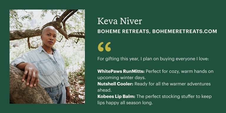 A woman in a denim shirt is standing in a wooded area. Next to her is some text reading her name, Keva Niver, and brand name: Boheme Retreats, along with some gifting recommendations for this year.