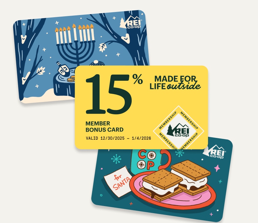A 15% member bonus card and two holiday-themed gift cards—one with s’mores and one with a menorah.