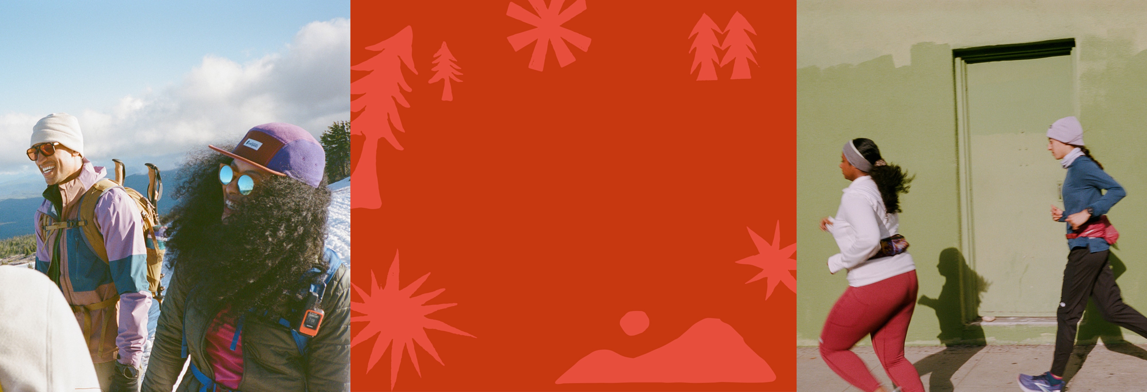 Red background with tree and snowflake doodle drawings.