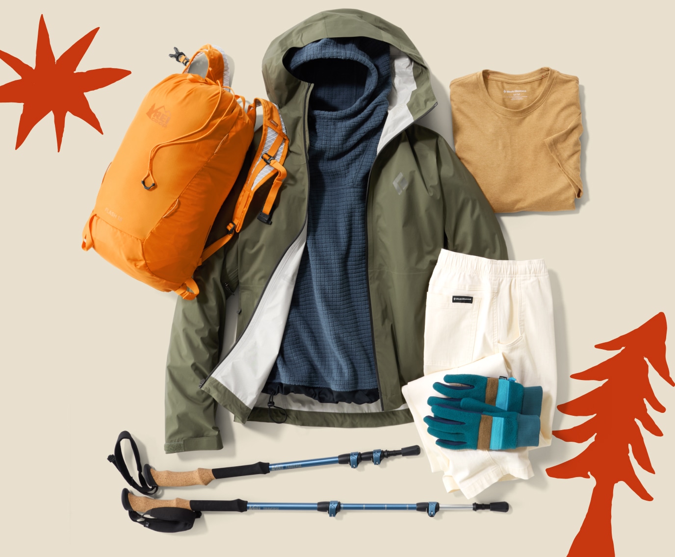 A collage of clothing and gear on a light colored background.