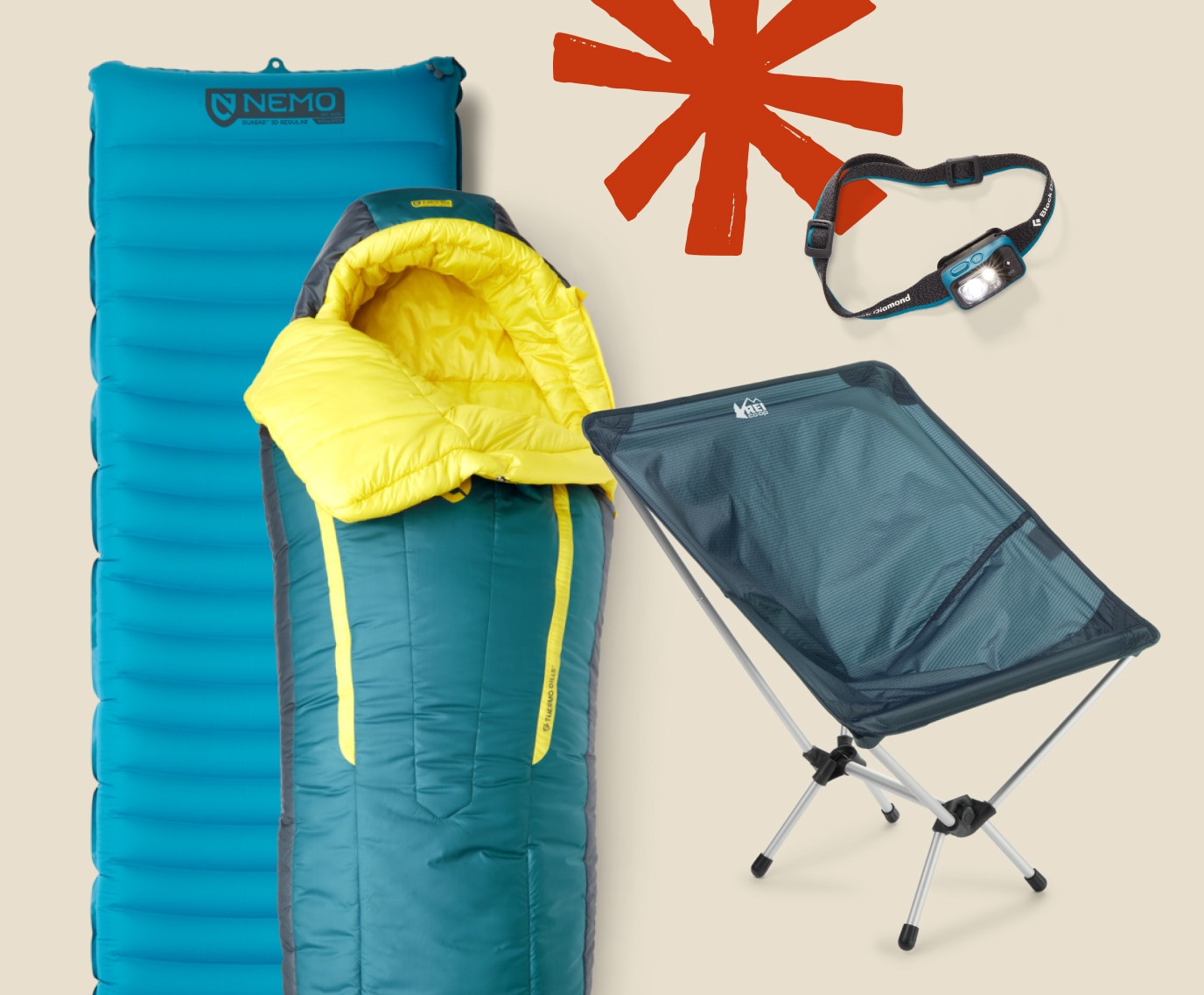 A sleeping pad, sleeping bag, camp chair, & a headlamp on a light colored background.