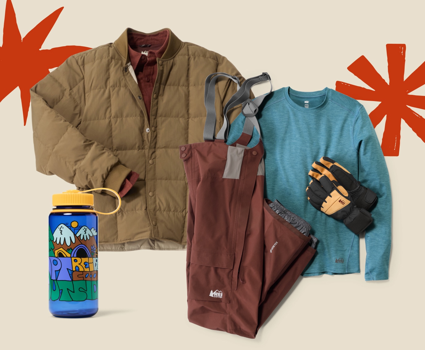 A collage of R E I Co-op Brand clothing & a Nalgene water bottle on a light colored background.