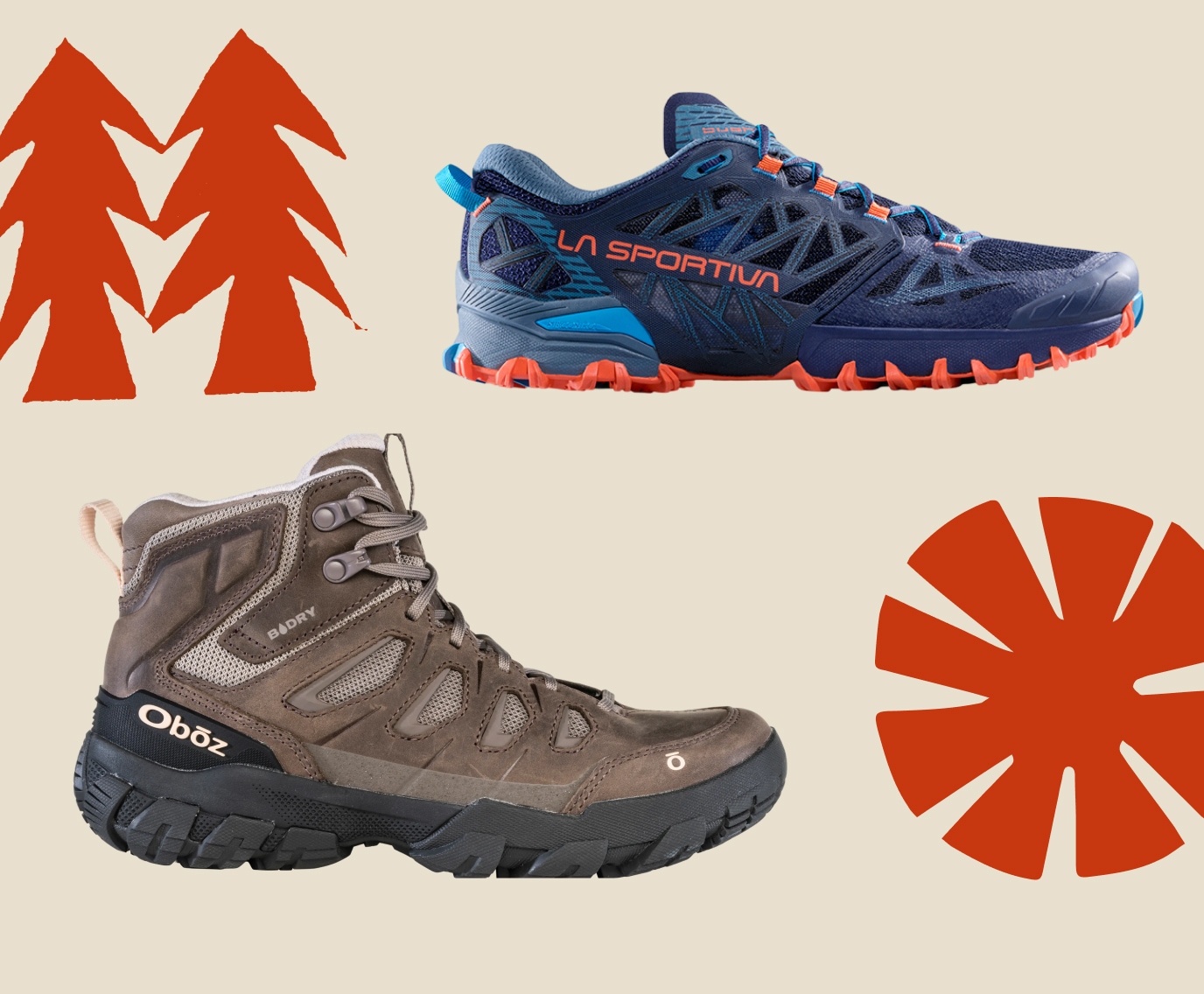 A La Sportiva shoe & an Oboz shoe on a light colored background.