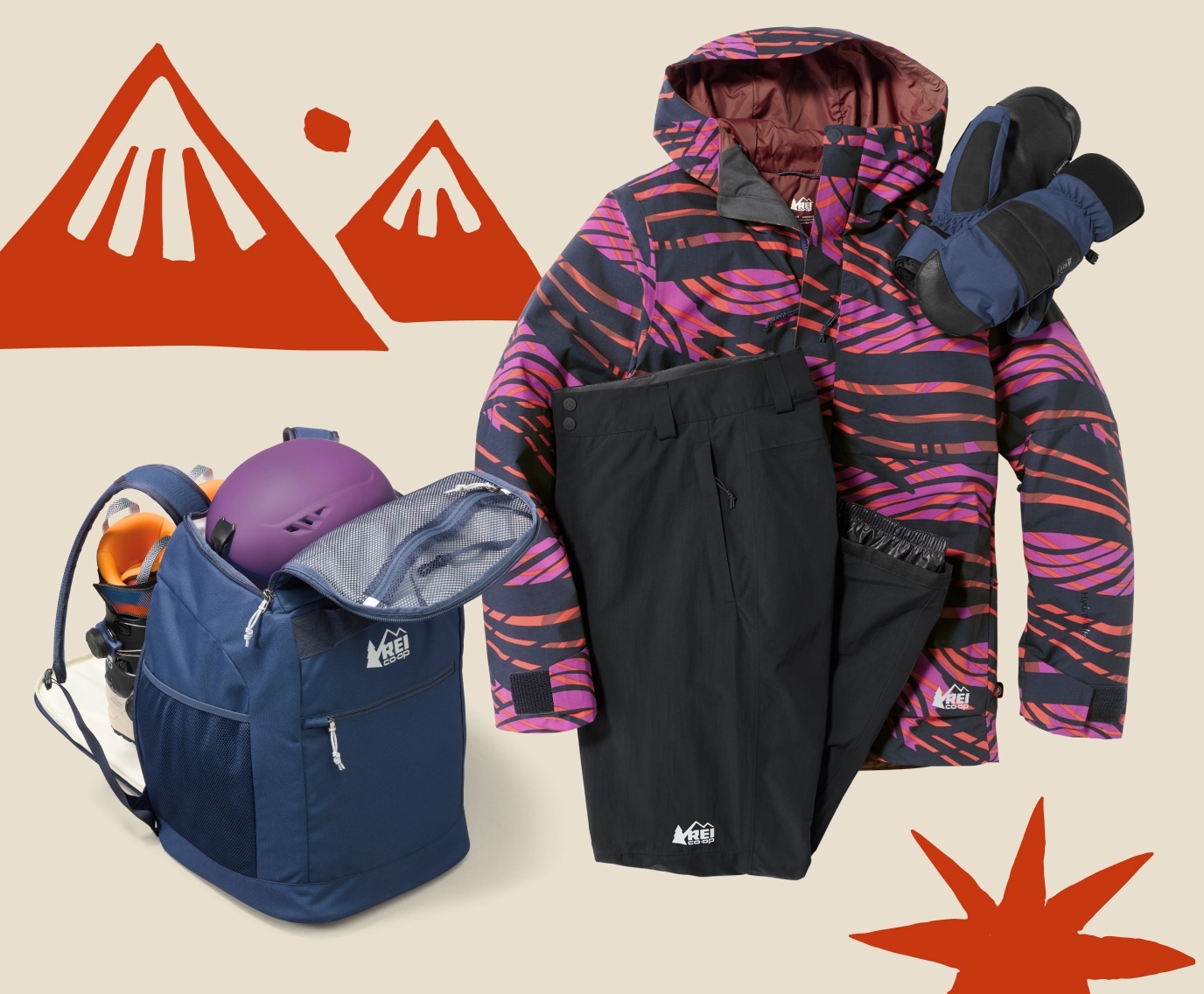 A collage of snow clothing & gear on a light colored background.