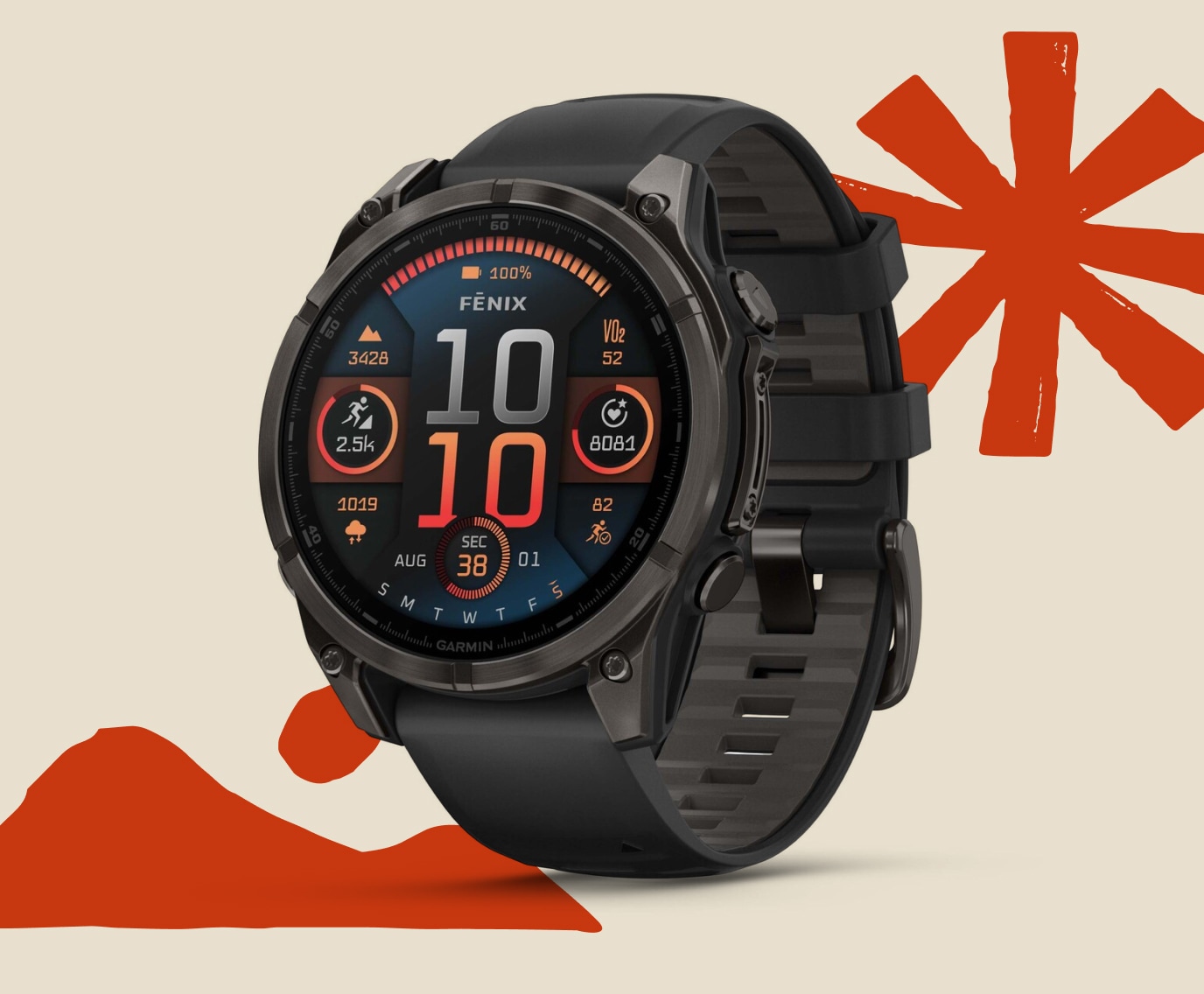 A Garmin smartwatch on a light colored background.