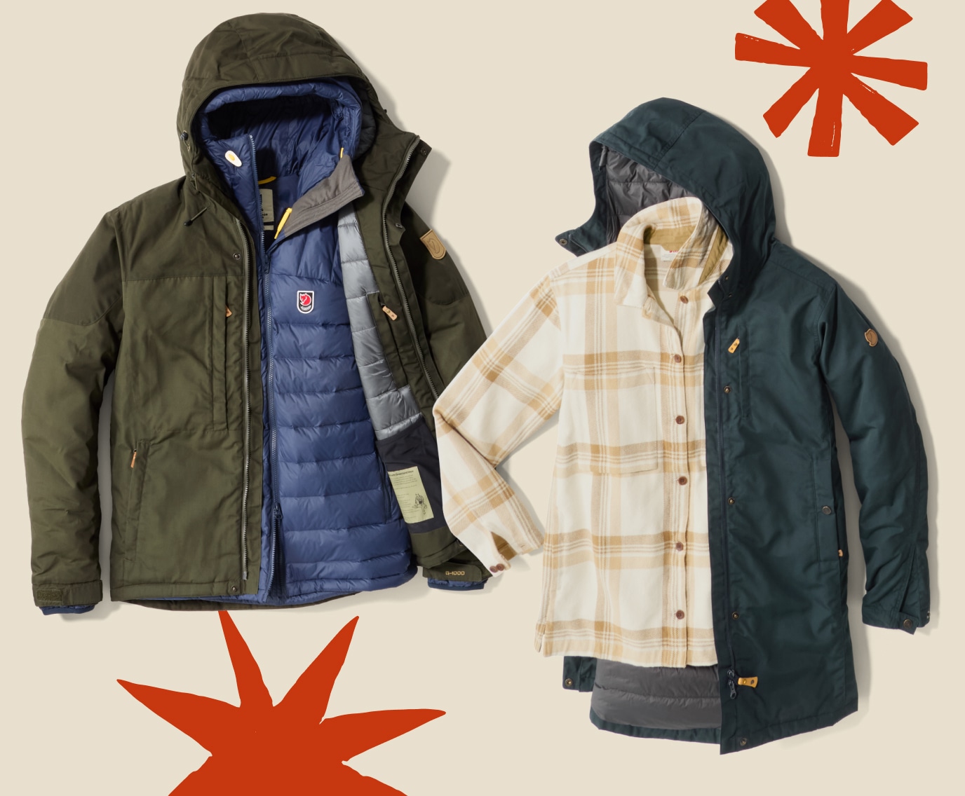 A collage of Fjallraven clothing on a light colored background.