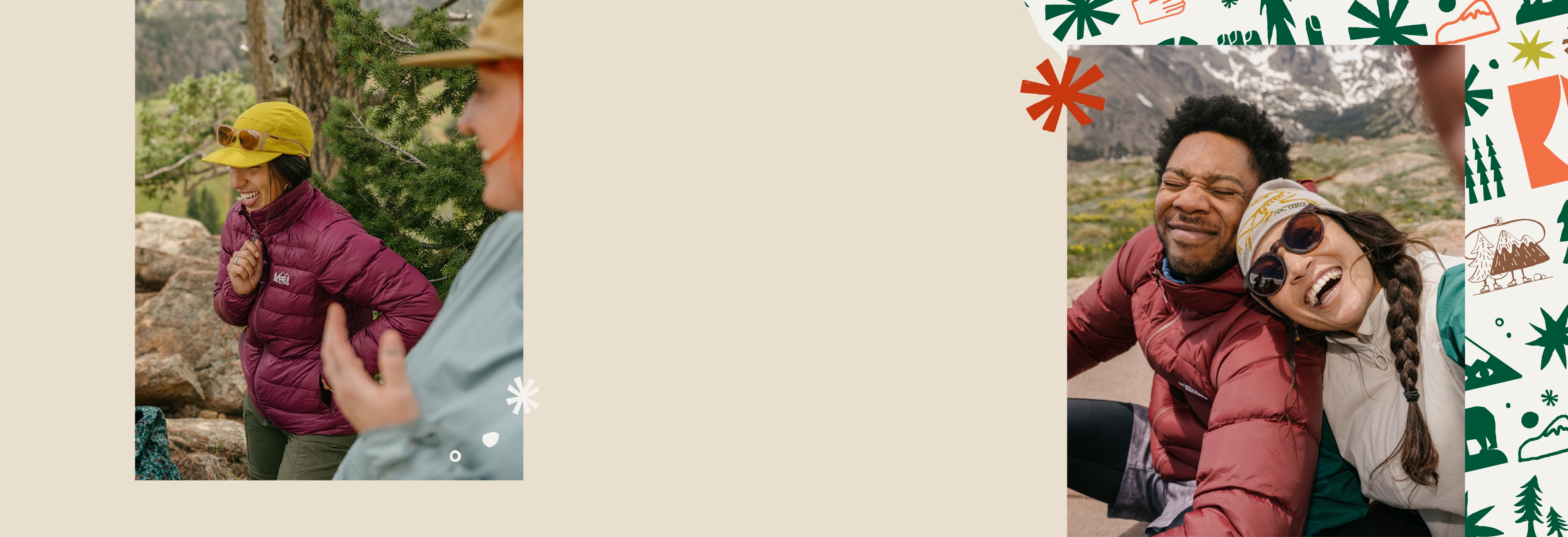 People laughing while enjoying the outdoors with holiday motifs.