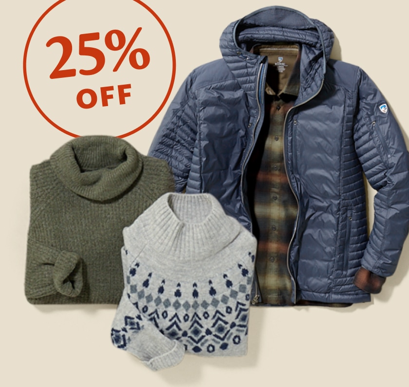 25% off. A collage of clothing from Kuhl on a light colored background.