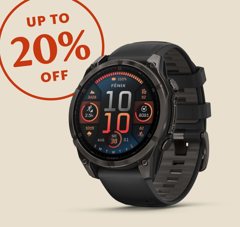 Up to 20% off. A Garmin smartwatch on a light colored background.