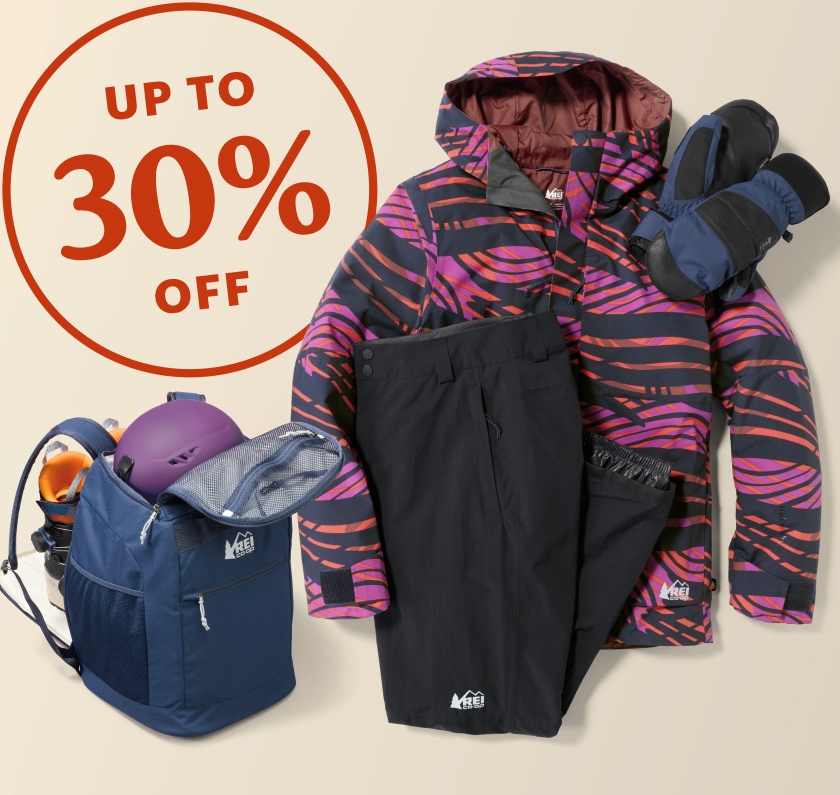Up to 30% off. A collage of clothing & gear from the R E I Co-op Brand on a light colored background.